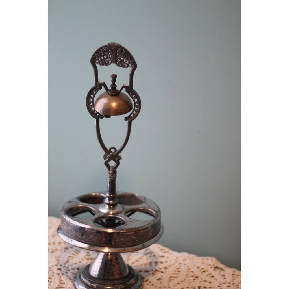 Victorian triple-plated condiment cruet caddy stand with bell Rogers 0586